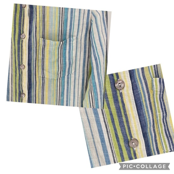 Chico's 100% Linen Mandarin Collar Blue/Green/Yellow Stripe Tunic - Sz XS/4 - Picture 7 of 16